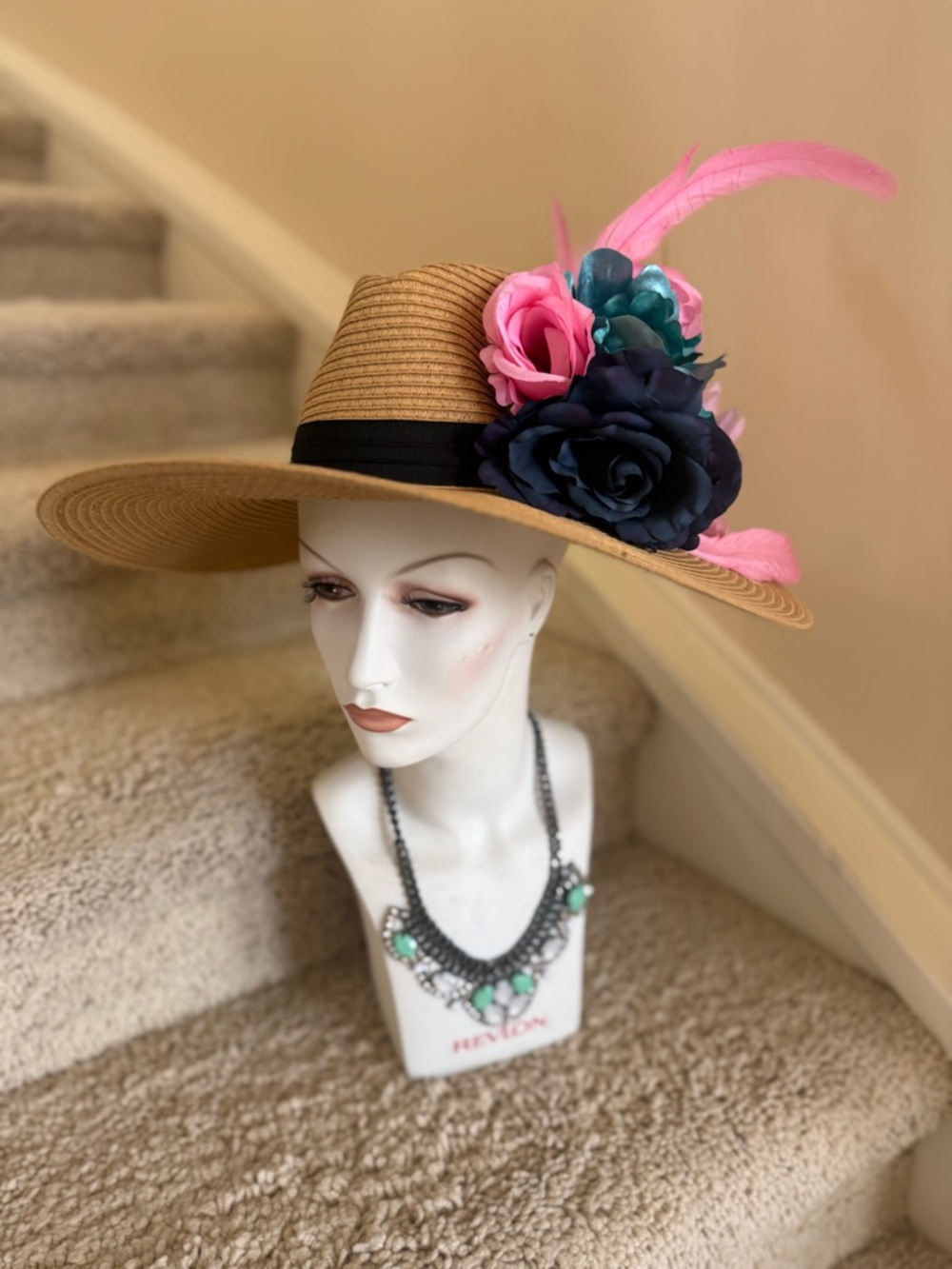 Wide-Brim Hat with Pink and Navy Floral Rachel